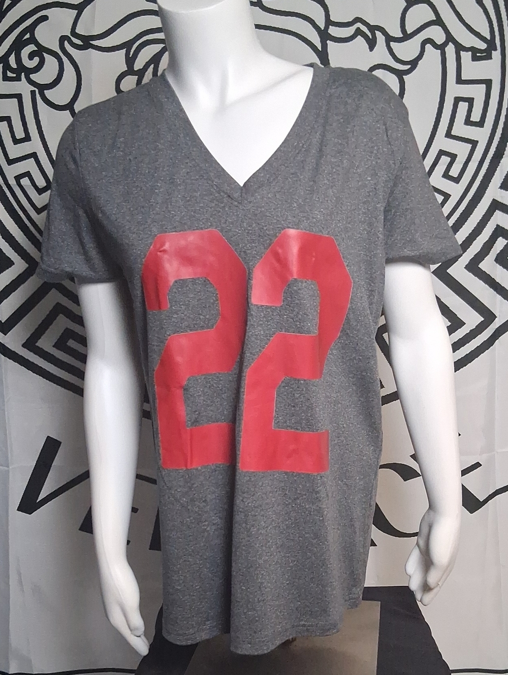 Men's Gray V-Neck Shirt with Red '22' Graphic